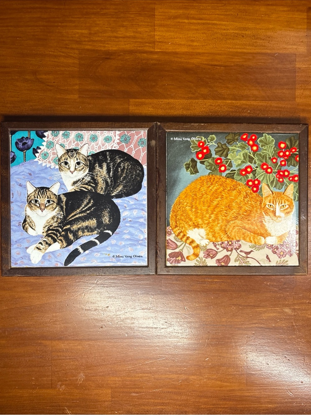 Mimi Vang Olsen Avon Cats Ceramic Tile Wood Framed Trivet Decoration Lot Of 2